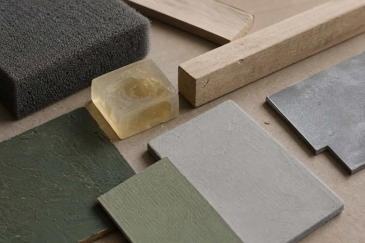 Muestras de espuma, resina, madera, metal y acabados de pintura
