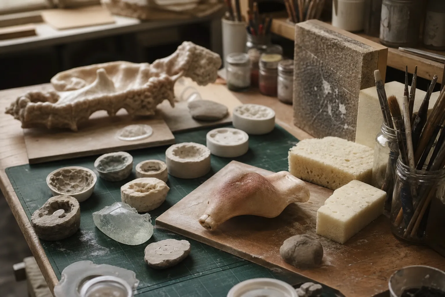 Materiales, herramientas y muestras de acabado sobre una mesa de taller